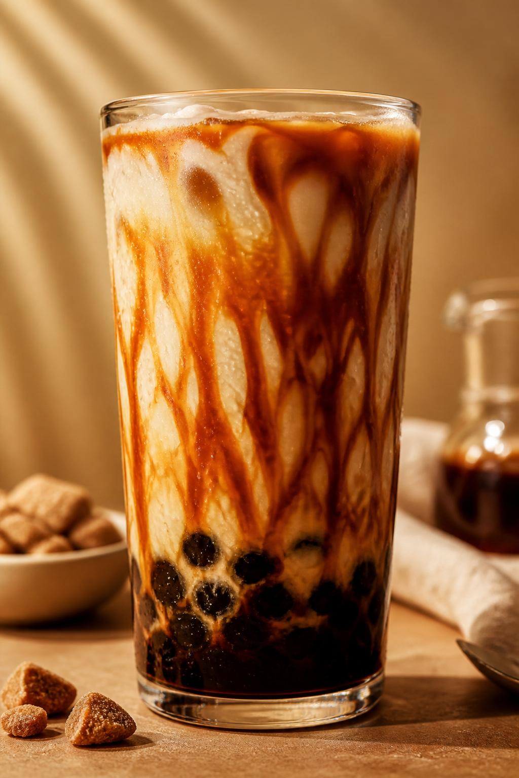 Brown sugar bubble tea with tiger-stripe syrup and tapioca pearls